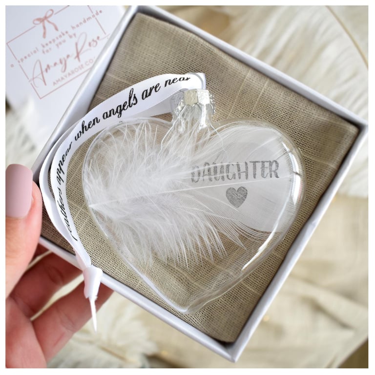 Daughter Memorial Feather Bauble, In Memory of Daughter, Heart Glass Christmas O