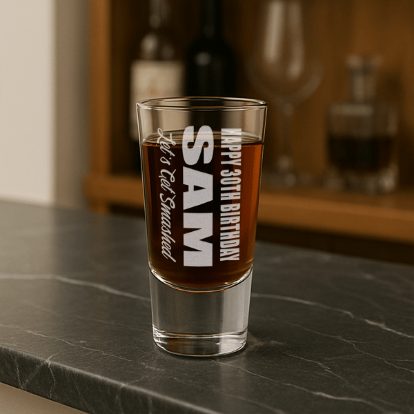Personalised Birthday Shot Glass -  “Let’s Get Smashed” – Custom Engraved Name
