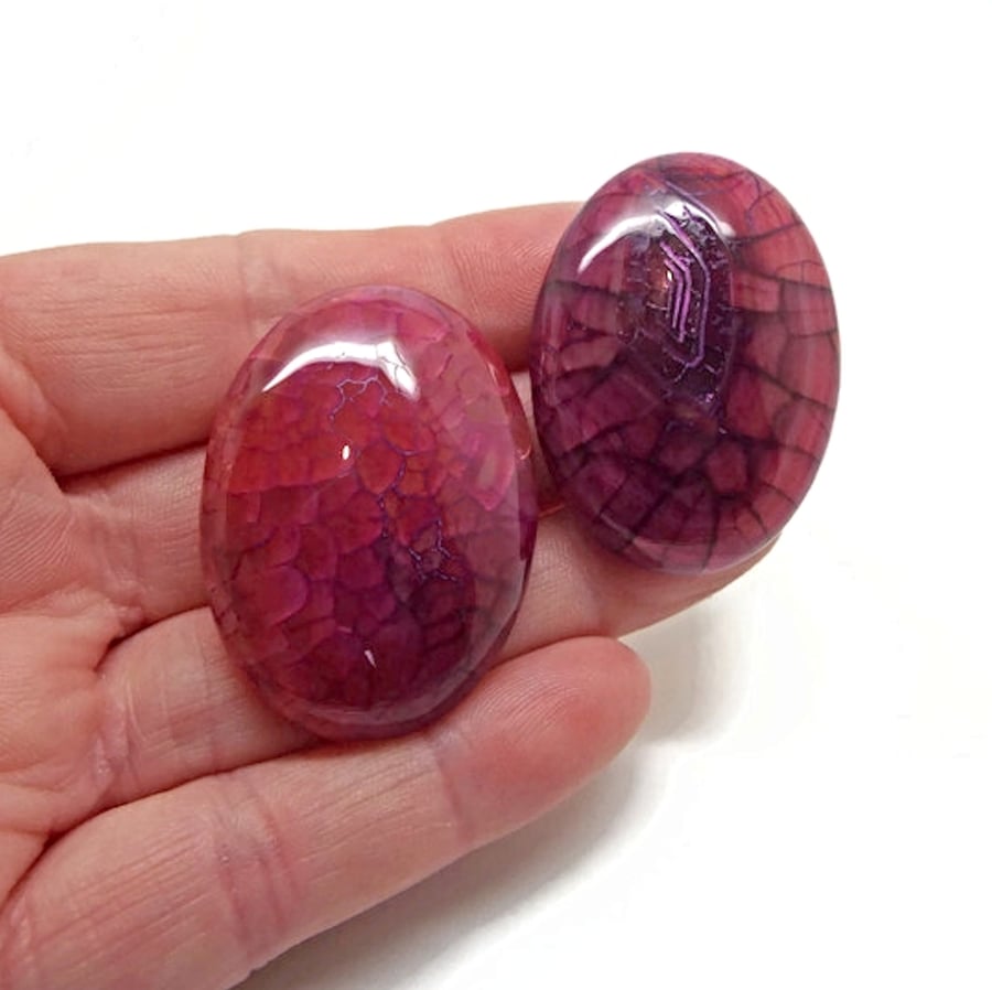 2x Dragon Vein Agate Cabochons in Deep Pink, Flatback Jewellery Gemstones