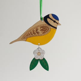 Wooden Blue Tit Hanging Decoration with Hawthorn Flower