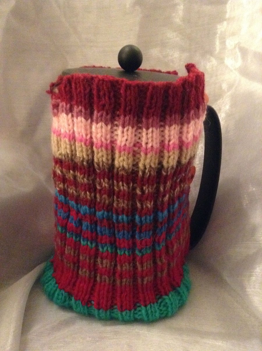 Large stripy knitted Cafetiere cosy