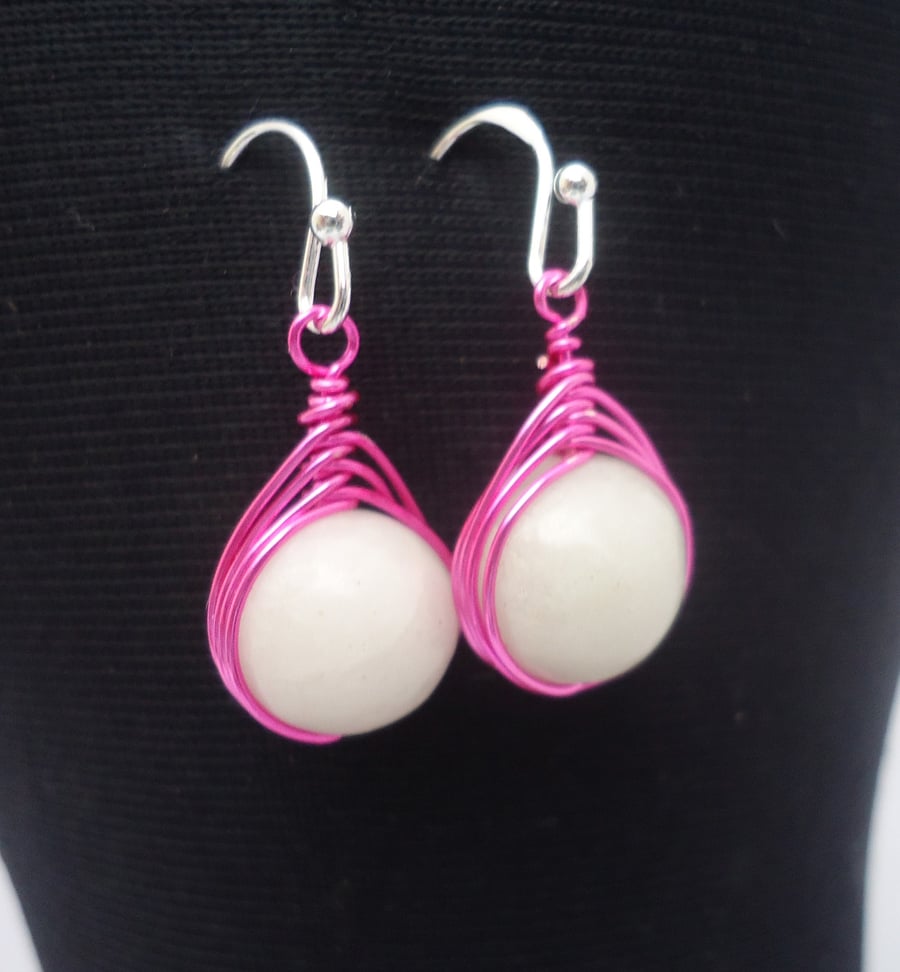 Jasper Wire Wrapped Earrings, Gemstone Wire Wrapped Earrings, White and Hot Pink