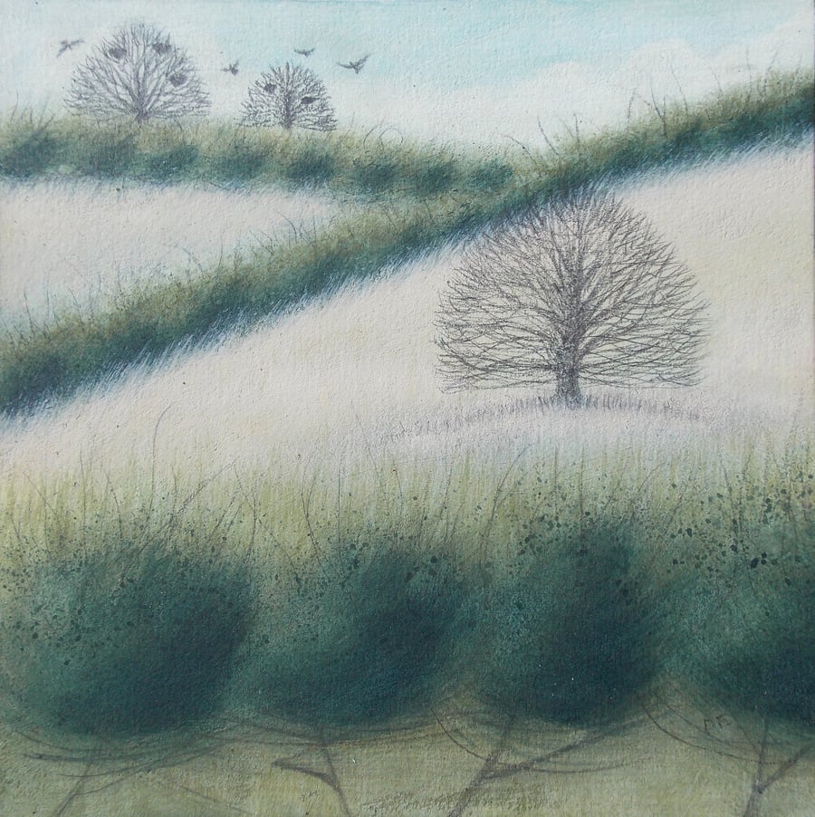 Hedgerows - original acrylic landscape painting,15cms x 15cms, unframed