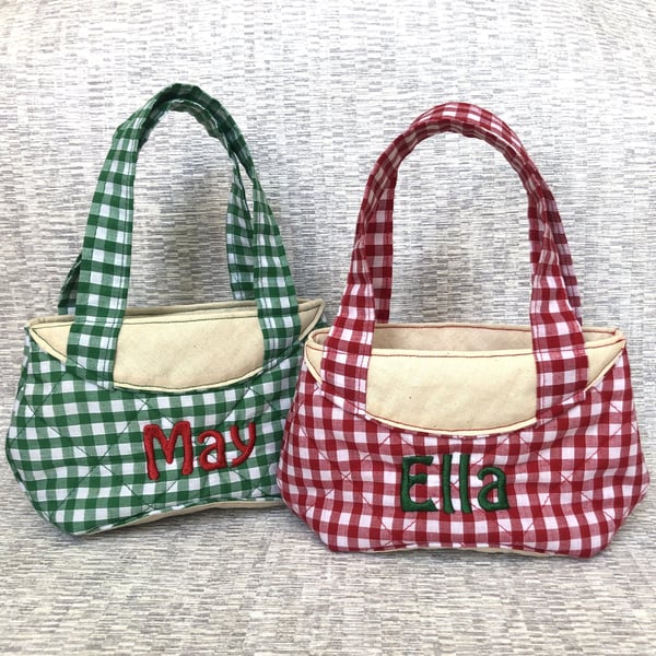 Childs Handmade and Personalised Embroidered Quilted Gingham Handbag