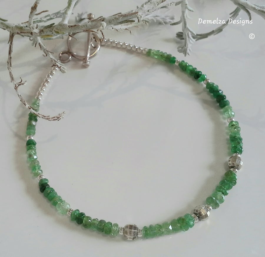 Genuine Brazilian Emerald (Natural) Dainty Sterling Silver Bracelet