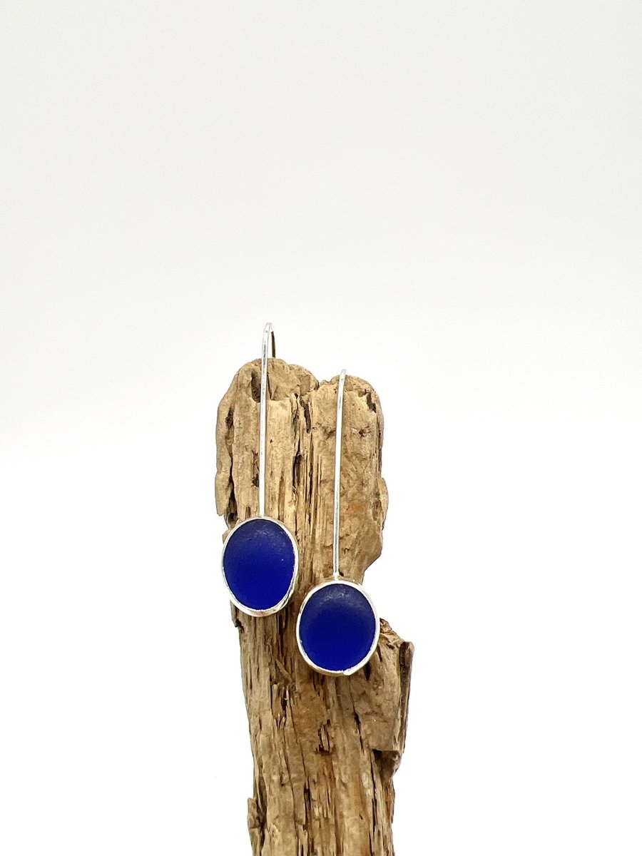 Dark Blue Sea Glass Drop Earrings
