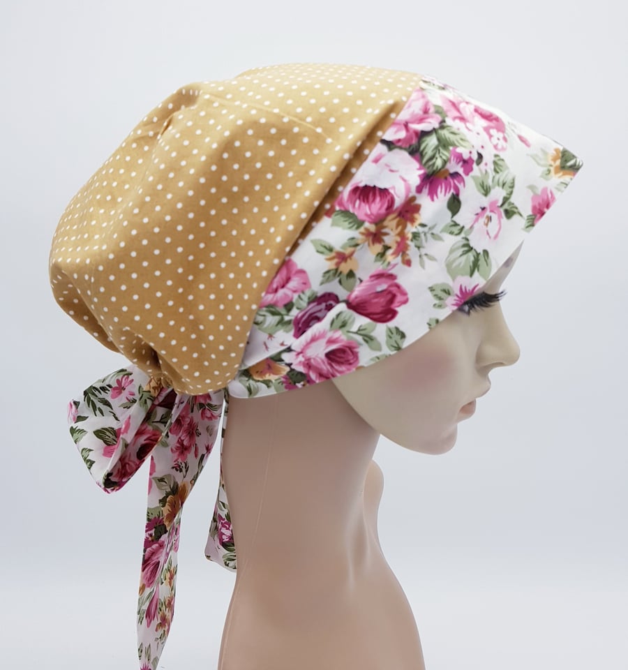 Cotton bonnet with long ties for women, elegant tichel, head snood, cooking hat