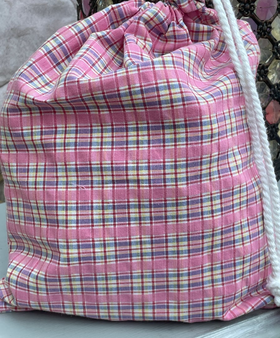 Pretty pink gingham check drawstring bag
