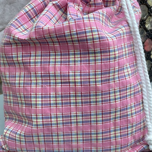 Pretty pink gingham check drawstring bag