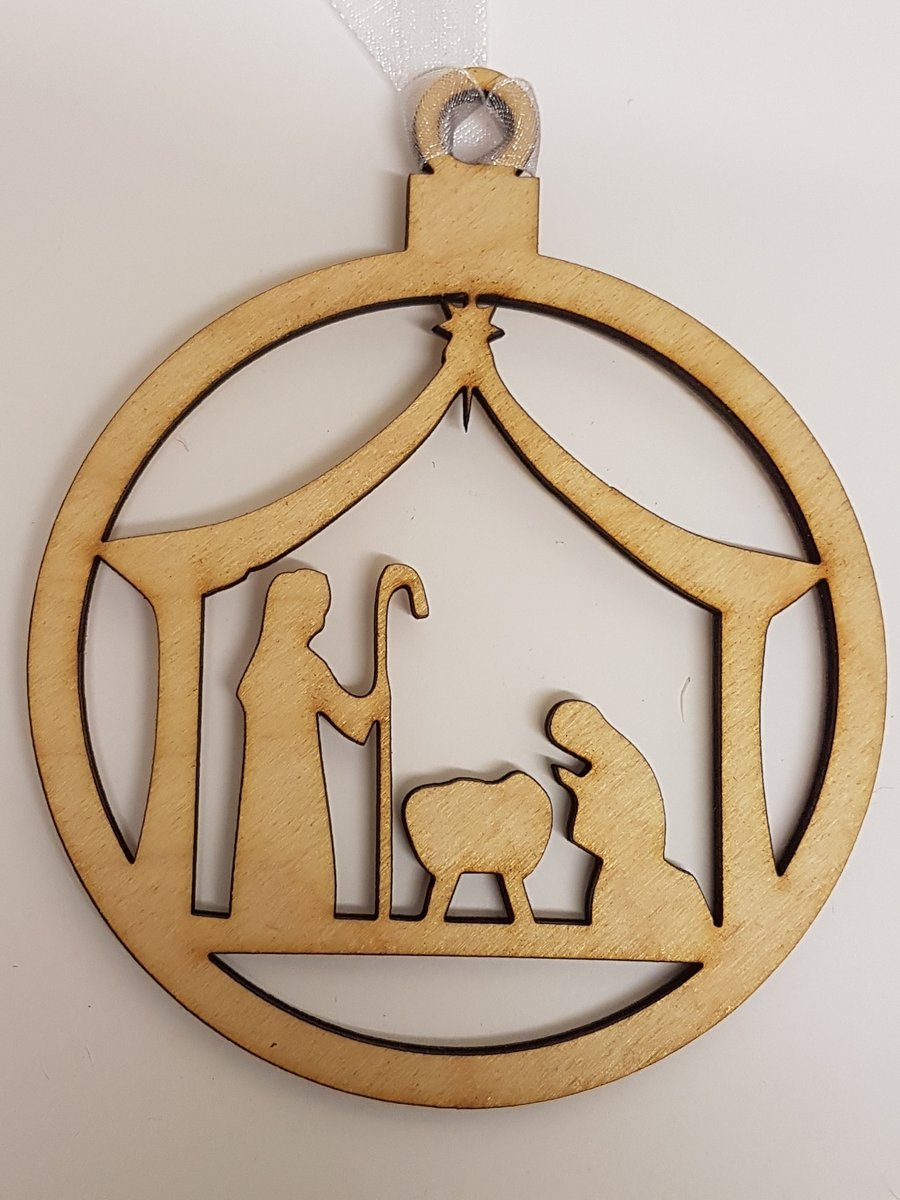 Birch Christmas Xmas Bauble Nativity Scene - Laser cut wooden shape