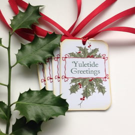 CHRISTMAS GIFT tags ( set of 4) .Winter .Holly . Traditional. Yuletide Greetings