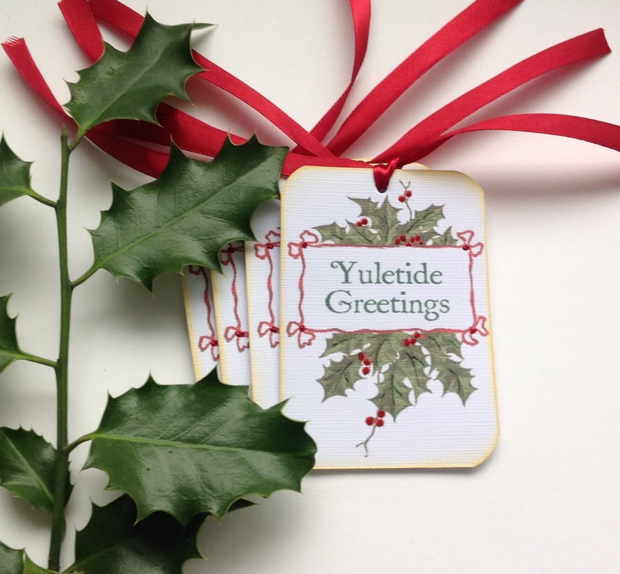 CHRISTMAS GIFT tags ( set of 4) .Winter .Holly . Traditional. Yuletide Greetings