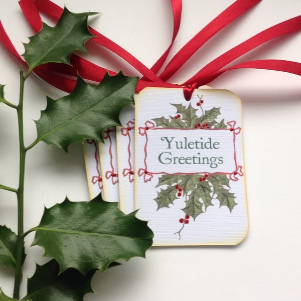 CHRISTMAS GIFT tags ( set of 4) .Winter .Holly . Traditional. Yuletide Greetings