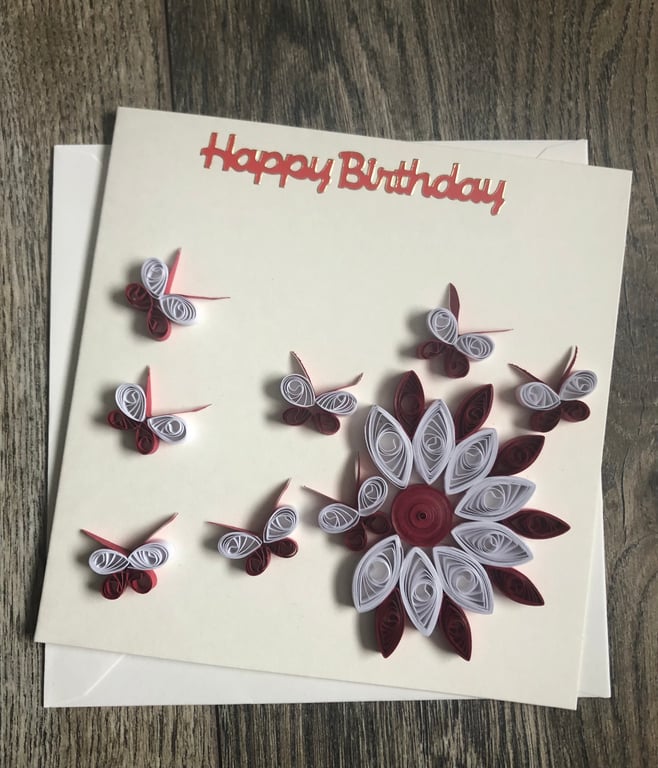 Handmade quilled happy birthday red flowers blowing card