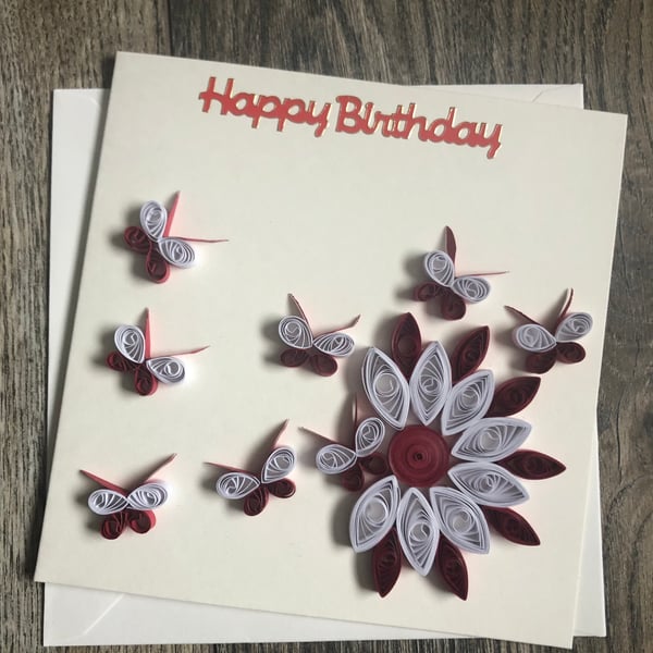 Handmade quilled happy birthday red flowers blowing card