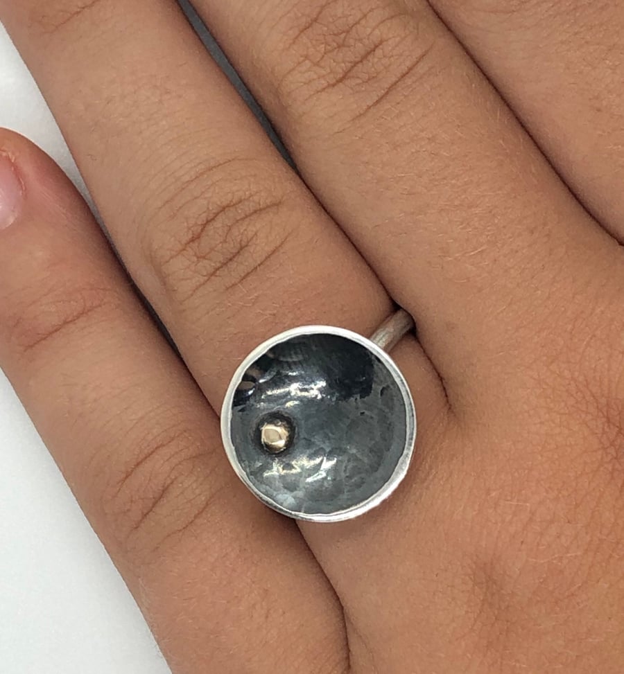 Black Moon Ring, statement ring, mixed metals ring, cup ring, black & gold rin