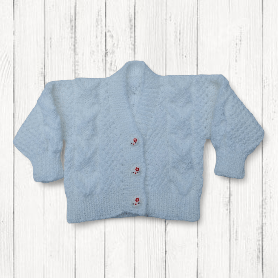 White Hand Knitted Baby Cardigan 0-3 Months, Textured Heart Design
