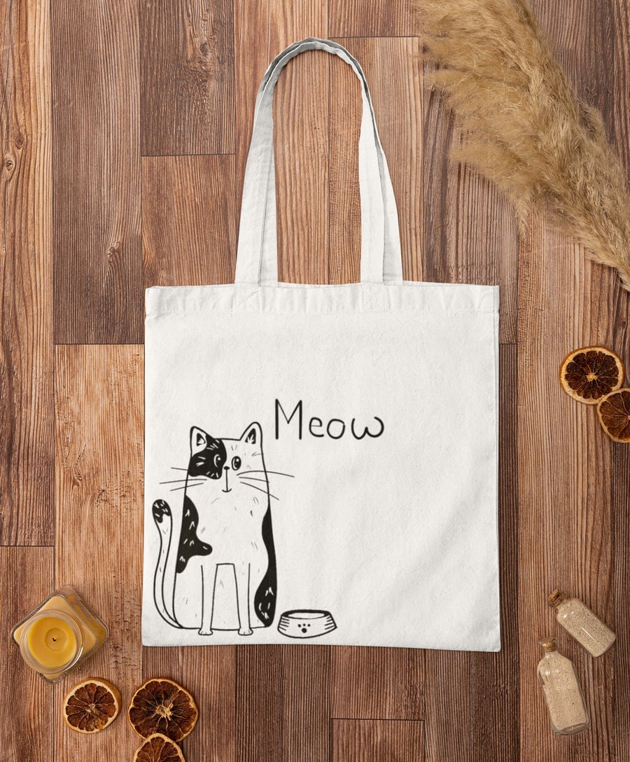 Cat printed tote bag, cat line drawn fabric shopping bag great gift