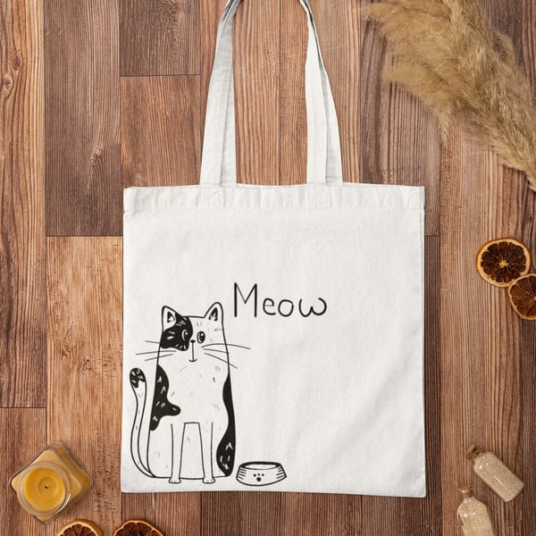 Cat printed tote bag, cat line drawn fabric shopping bag great gift