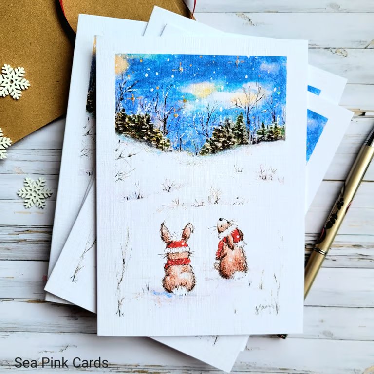 Christmas Cards - Snow Bunnies - 4 cards set, blank cards, original art