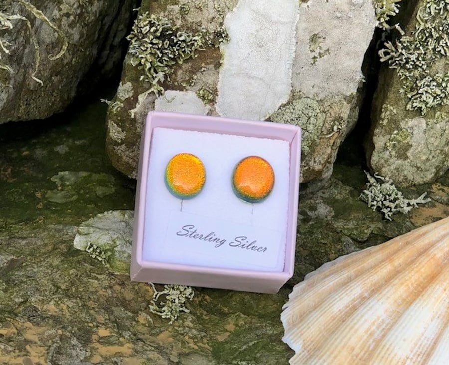 Small Fused Glass Stud Earrings on Sterling Silver.
