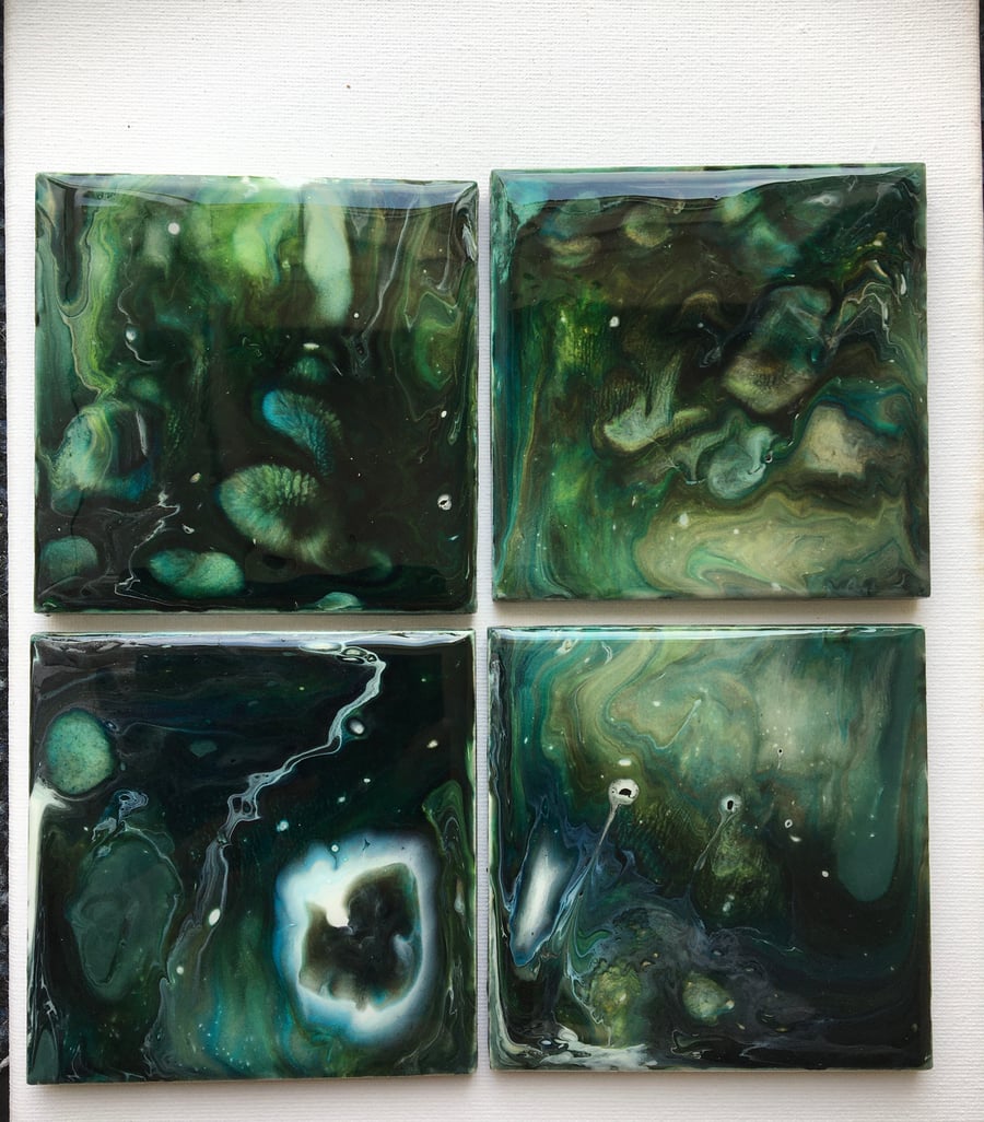 Fluid art coasters, set of 4,  Child of Mother Earth’, acrylic, resin.  