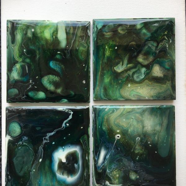 Fluid art coasters, set of 4,  Child of Mother Earth’, acrylic, resin.  