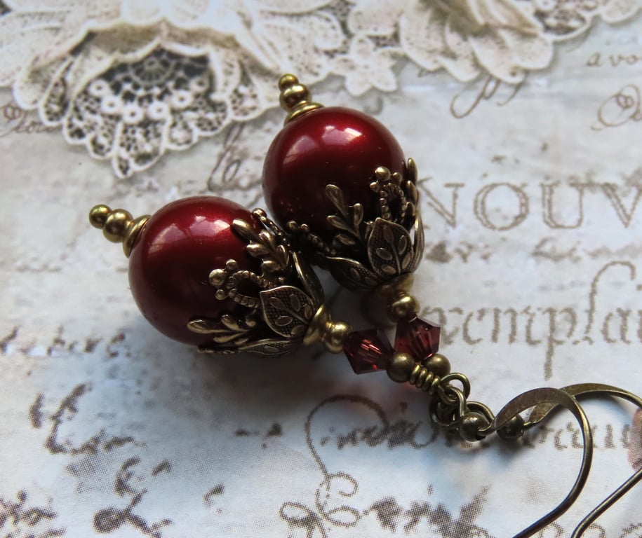 Bordeaux Red Swarovski Crystal Pearl Dangle Earrings, Antique Style Earrings