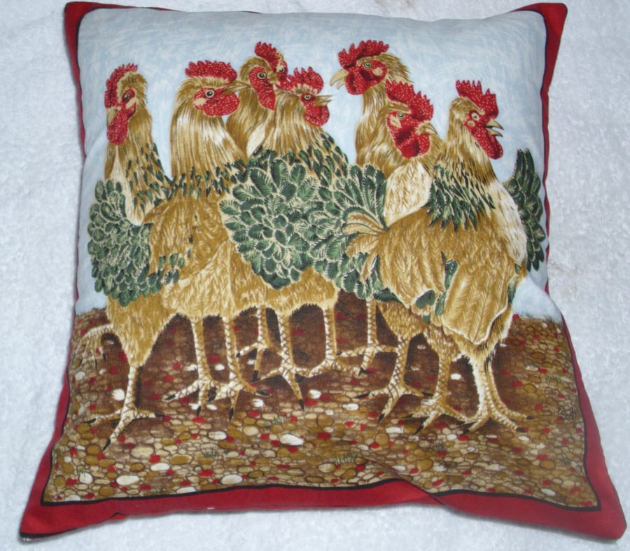 Crowd of hens in the farmyard cushion