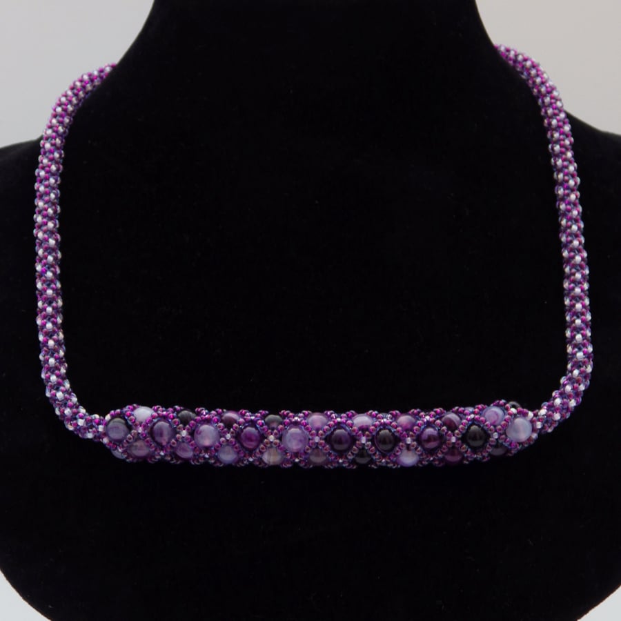 Beadwoven netted dyed purple banded agate necklace