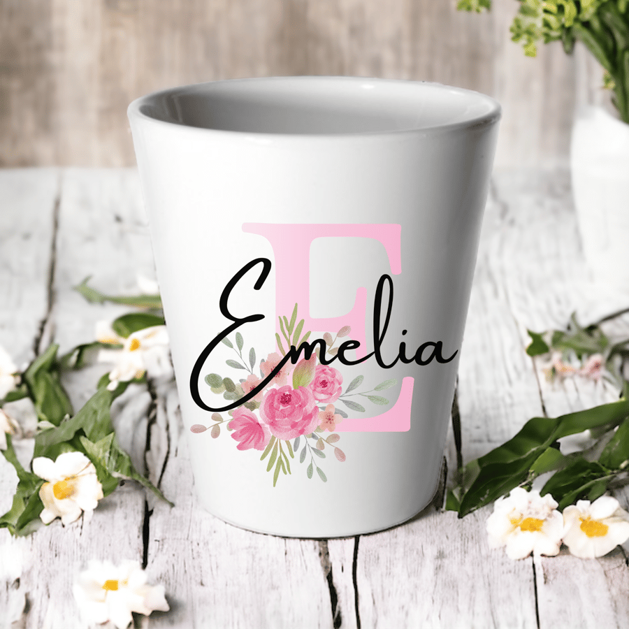 Personalised Pink Floral Initial Plant Pot -Succulent Cactus Flower Pot 