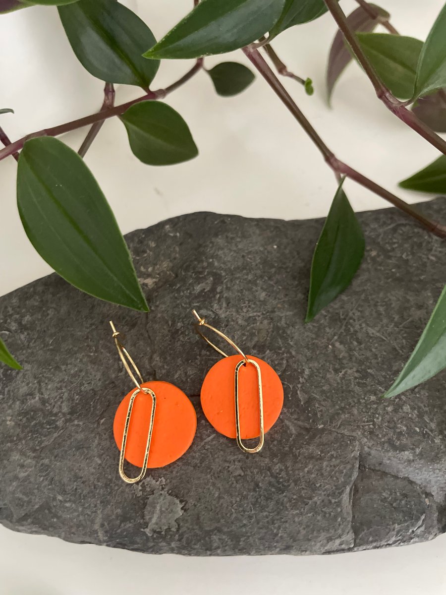 Orange polymer clay and brass earrings 