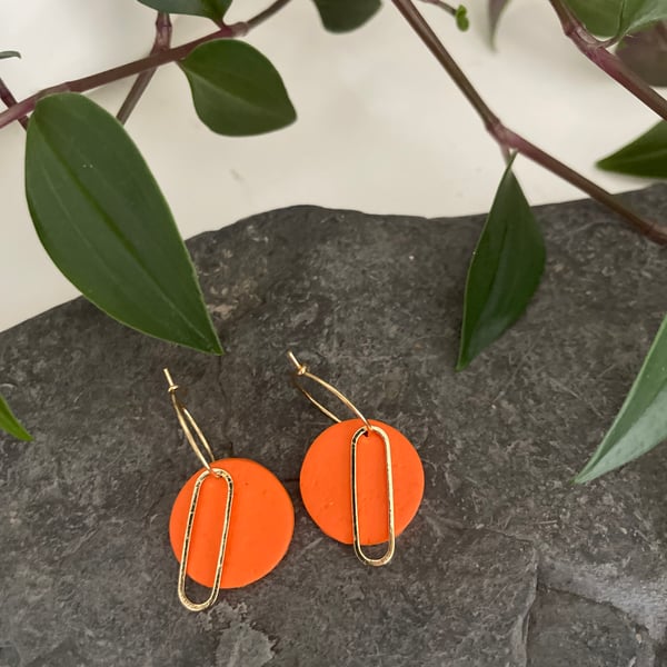 Orange polymer clay and brass earrings 
