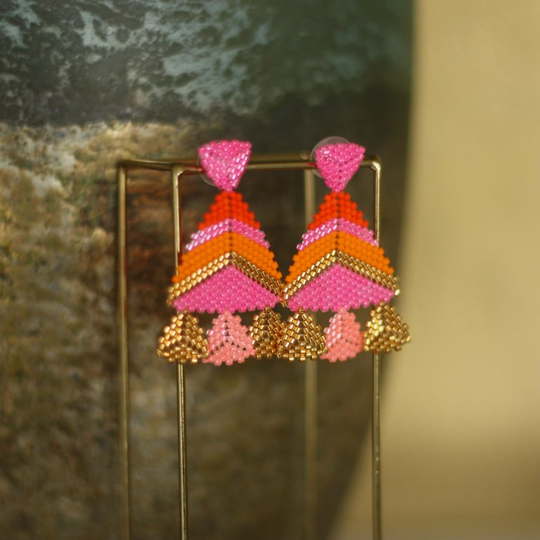 Orange and Pink handmade chandelier earrings with free UK delivery.