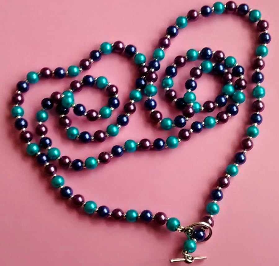 Turquoise, Blue and Purple Glass Pearl Long Necklace