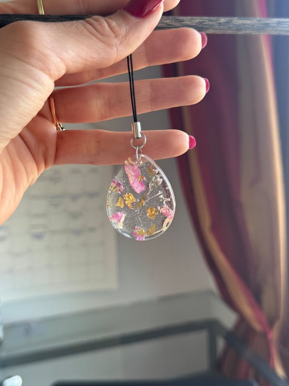 Pressed Flower and Gold Leaf Phone or Bag Charm