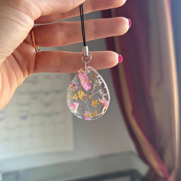 Pressed Flower and Gold Leaf Phone or Bag Charm