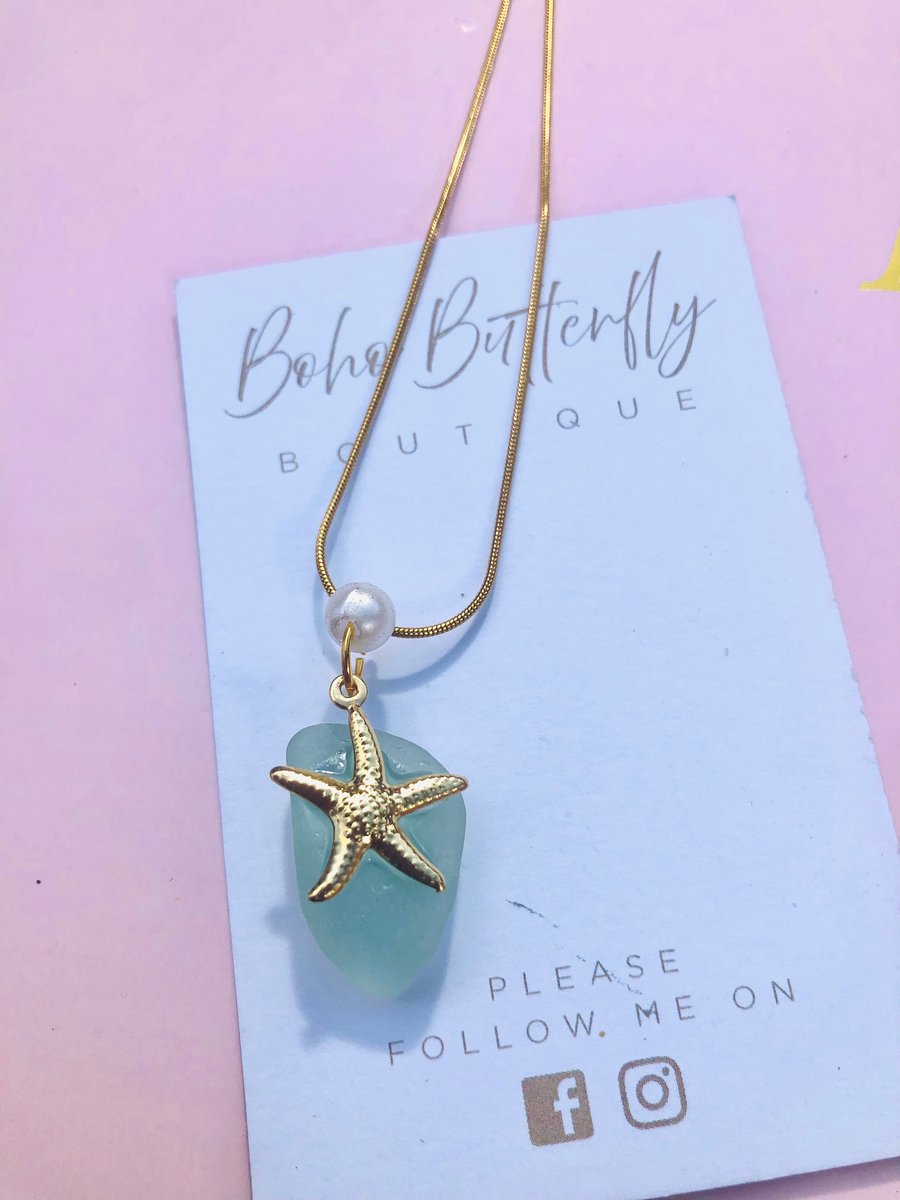 Starfish on sea glass pendant on necklace