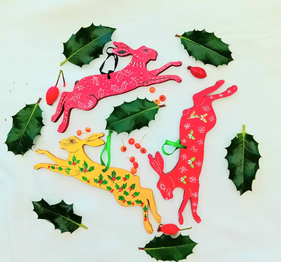 set of 3 festive Christmas hares 