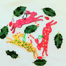 set of 3 festive Christmas hares 