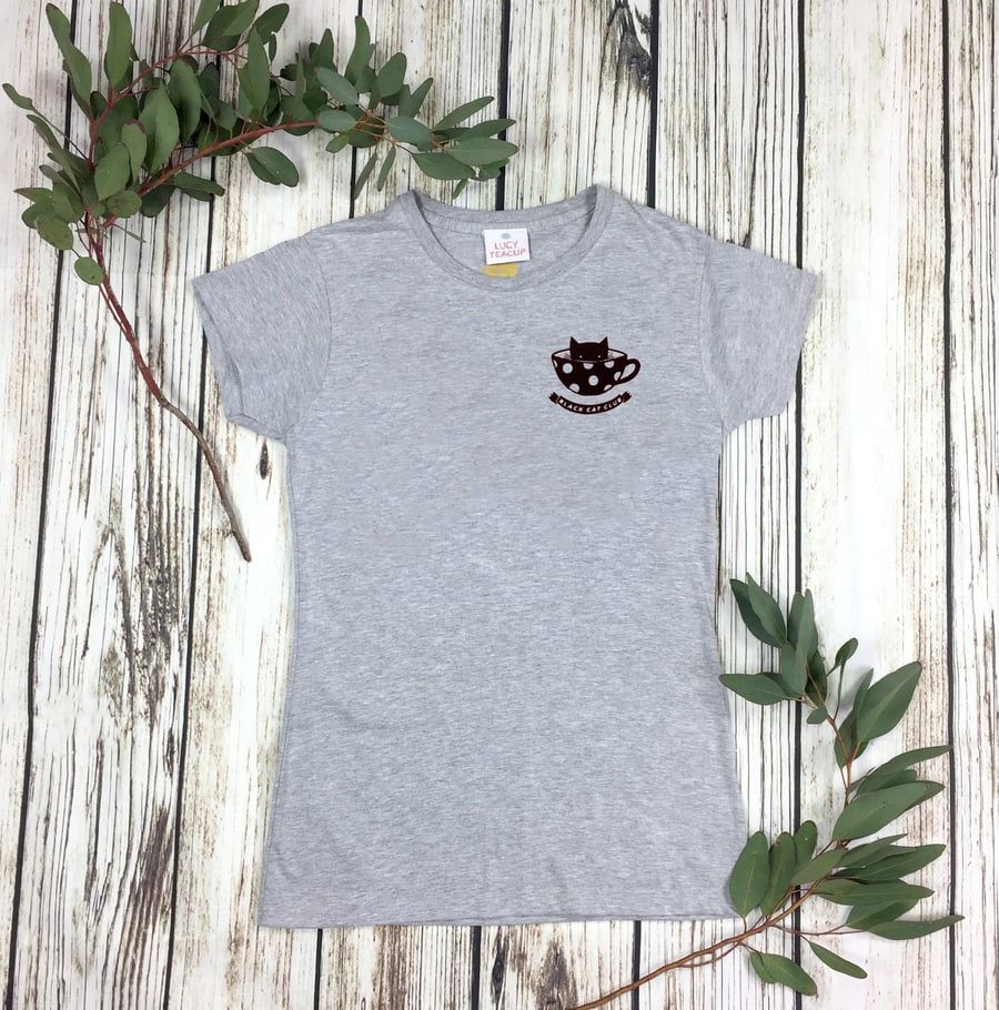 Black Cat Club Woman's Heather Grey top with teacup, paw prints. Ladies T-Shirt