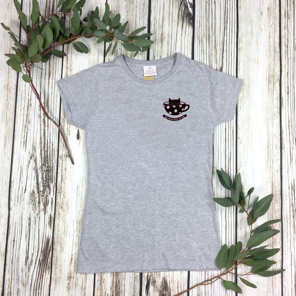 Black Cat Club Woman's Heather Grey top with teacup, paw prints. Ladies T-Shirt