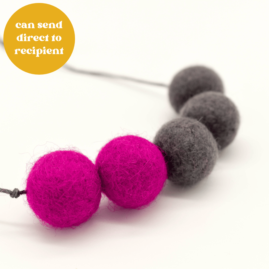Felted bead necklace in grey and cerise pink wool