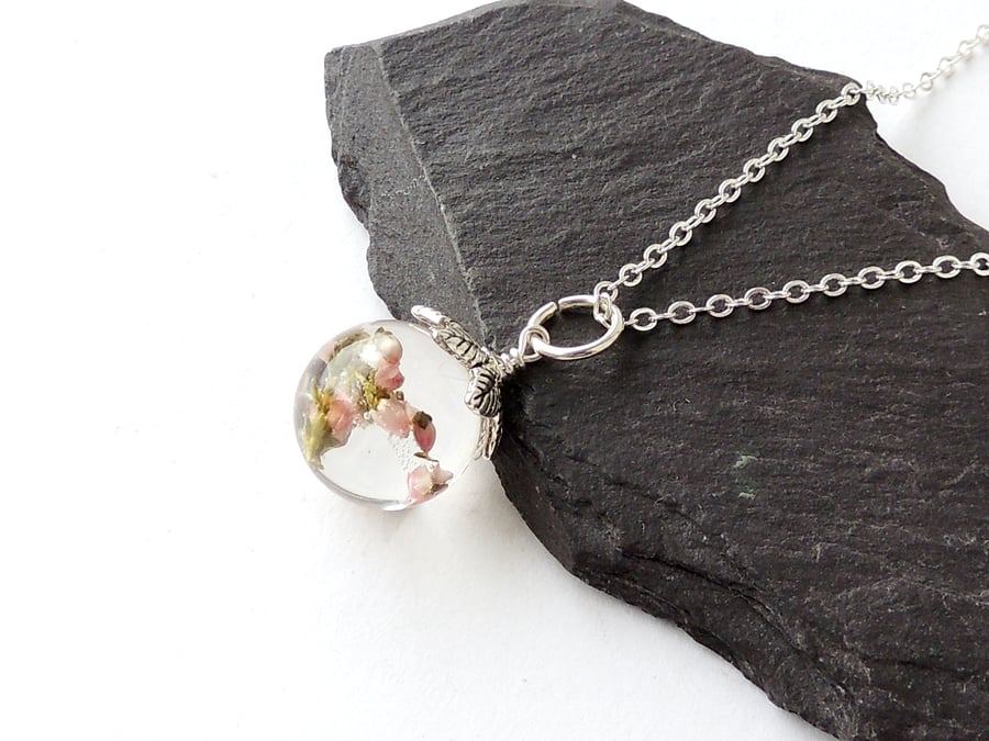 Pink Heather Resin Globe Necklace (1714)