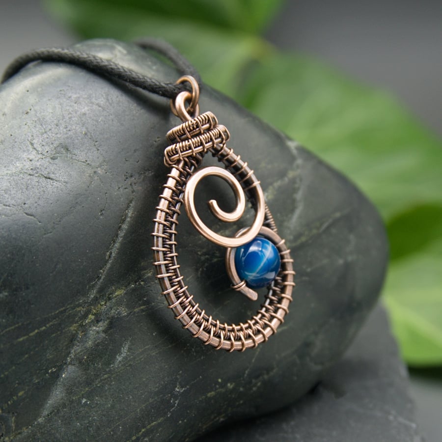 Copper Wire Weave Spiral Drop Pendant with Blue Agate Bead