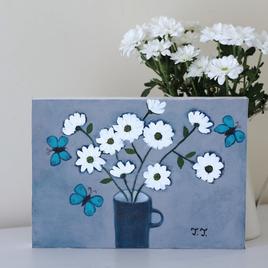 White Daisies and Turquoise Butterfly Painting, Grey Floral Artwork