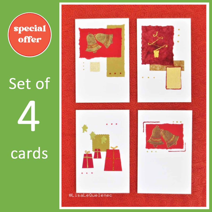 Set of four handmade Christmas cards in red and gold (b)