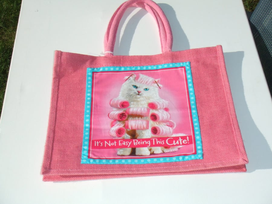 Pink jute tote bag with cat picture & caption on front