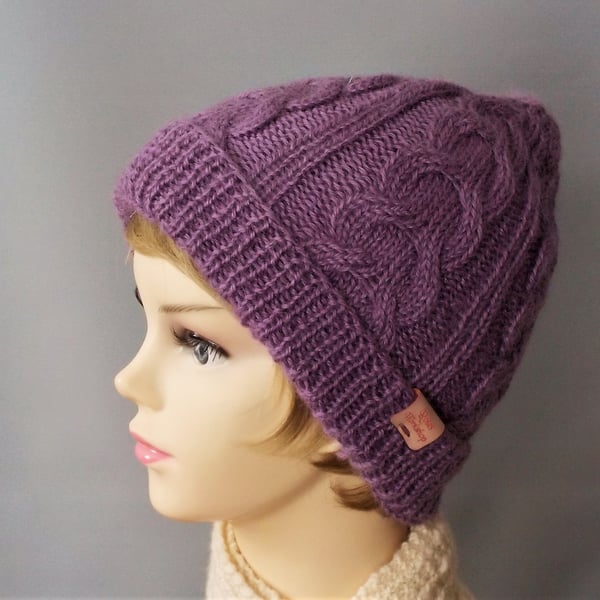 Knitted beanie hat British Wensleydale wool beanie lilac pink Y-cable