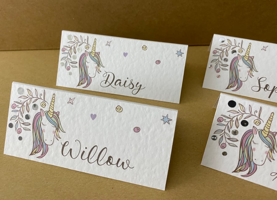 6 x name UNICORN place cards pastel pink flower wedding table decor personalised